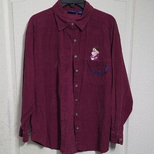 Disney Burgundy Button Down Shirt with Embroidered Character